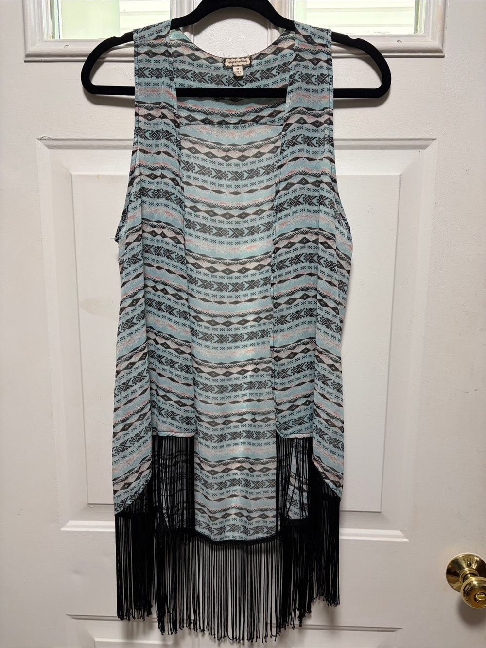 Eyeshadow Mint Blue Aztec Fringe Sleeveless Kimono